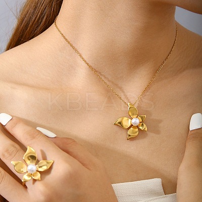 304 Stainless Steel with Plastic Pearl Pendant Necklaces & Rings FS-WGC34D6-03-1