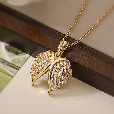 Brass Micro Pave Clear Cubic Zirconia Angel Wings Pendant Necklaces NJEW-Z088-02G-1