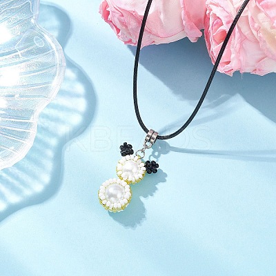 Glass Seed Beads & Glass Pearl Round Beaded Bear Pendant Waxed Cotton Cord Necklaces for Women Men NJEW-MZ00126-05-1