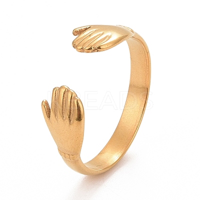 Ion Plating(IP) 304 Stainless Steel Double Hand Hug Open Cuff Ring for Women RJEW-C025-08B-G-1