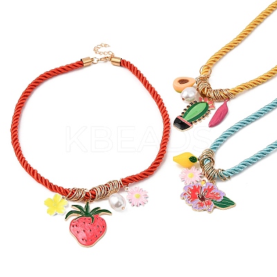 3Pcs 3 Styles Alloy Enamel Strawberry Cactus Flower Pendant Cotton Cord Necklaces for Women NJEW-F357-02KCG-1