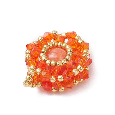 Dyed Natural Mashan Jade & Glass Seed Beaded Flat Round Pendants PALLOY-MZ00950-04-1