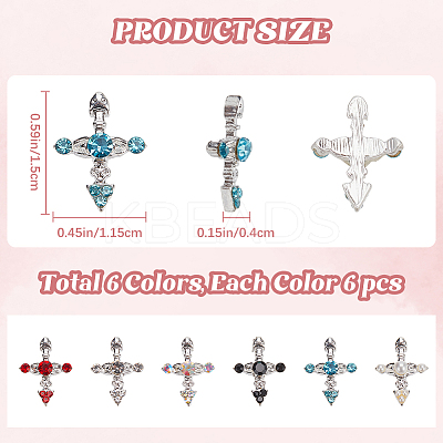 36Pcs 6 Styles Cross Alloy Rhinestone Cabochons MRMJ-CP0001-30S-1
