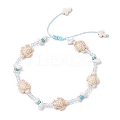 Turtle Cross Synthetic Turquoise & Magnesite & Glass Seed Braided Beaded Adjustable Anklets AJEW-AN00652-1
