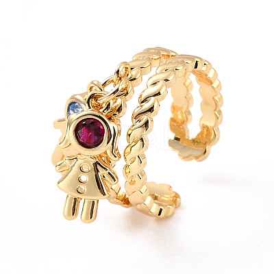 Cubic Zirconia Boy and Girl Charm Open Cuff Ring RJEW-C024-12G-1