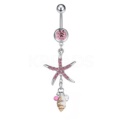 304 Stainless Steel Pave Cubic Zirconia & Plastic Pearl & Natural Shell Starfish Curved Barbell Dangle Belly Rings FS-WGCE39A-03-1