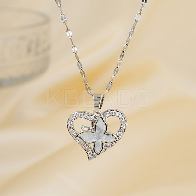 Elegant Brass Clear Cubic Zirconia Hollow Design Butterfly Heart Pendant Necklaces for Women XC3583-1