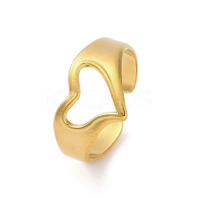 304 Stainless Steel Hollow Heart Open Cuff Rings for Women RJEW-K258-05G-01-1