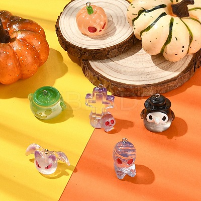6Pcs 6 Styles Halloween Transparent Resin Pendants CRES-YW0002-61-1