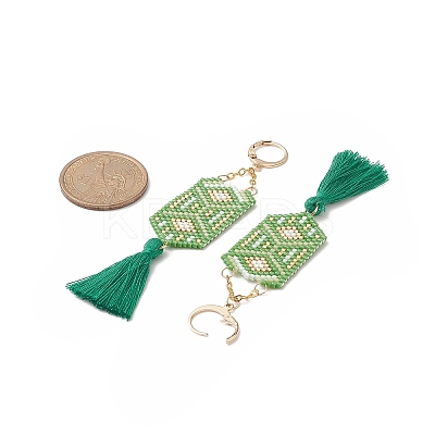Glass Seed Hexagon with Cotton Tassel Dangle Leverback Earrings EJEW-MZ00045-1