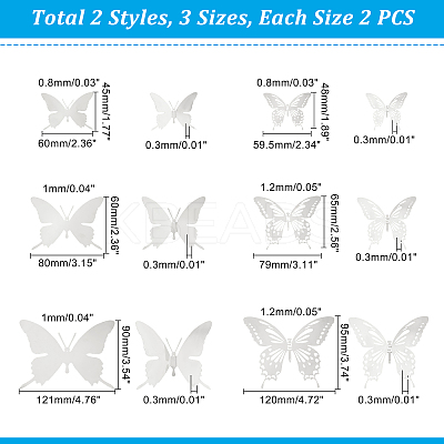 12Pcs 6 Style Stainless Steel Butterfly Wall  Decoration Pendants STAS-UN0036-52P-1
