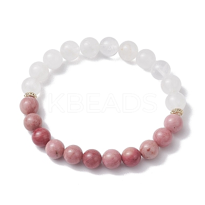 8mm Round Natural Quartz Crystal & Rhodochrosite Beaded Stretch Bracelets for Women BJEW-JB10700-1