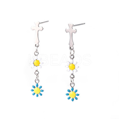 Cross with Flower Enamel Long Dangle Stud Earrings EJEW-N049-01A-1