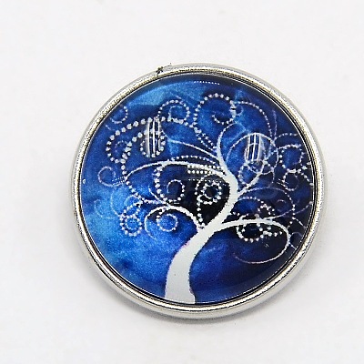Platinum Plated Brass Glass Flat Round with Tree Jewelry Snap Buttons SNAP-M030-B-37-1