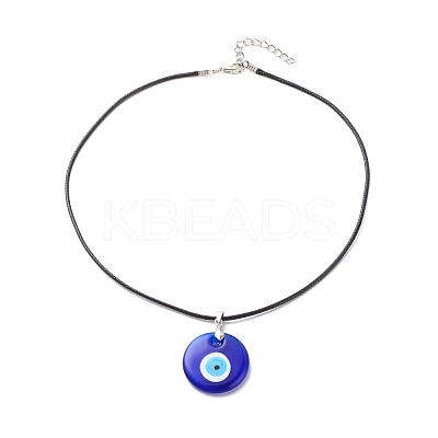 Blue Lampwork Evil Eye Pendant Necklace with Waxed Cord for Women NJEW-JN03955-04-1