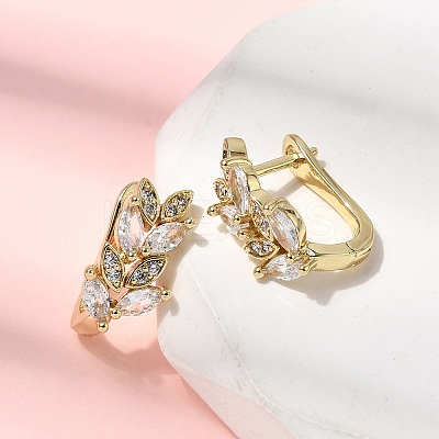 Leaf Brass Micro Pave Clear Cubic Zirconia Hoop Earrings EJEW-H180-29G-1