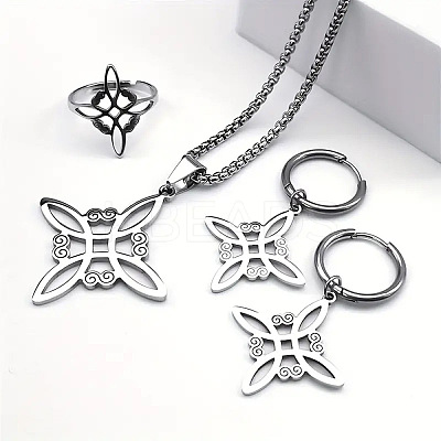 Witches Knot 304 Stainless Steel Pendant Necklaces & Hoop Earrings & Rings Sets FS-WGFB126-01-1