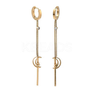 304 Stainless Steel Crystal Rhinestone Moon with Star Tassel Hoop Earrings EJEW-G453-03G-1