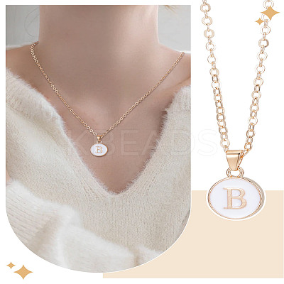 1Pc Zinc Alloy White Enamel Round with Letter Pendant Necklaces NJEW-LP0002-88G-B-1