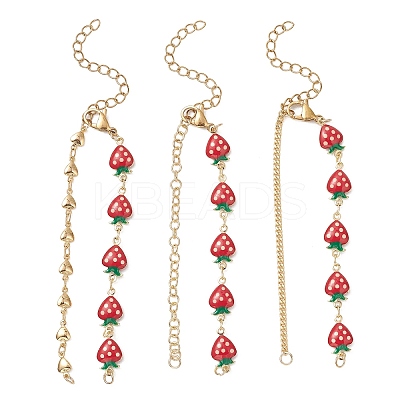 3Pcs 3 Styles Brass Enamel Red Strawberry Link Chain Bracelet Making AJEW-JB01546-1