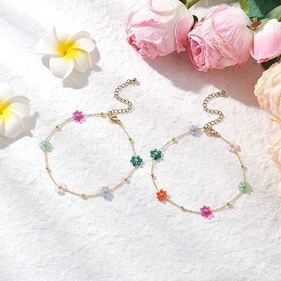 Brass & Glass Beaded Flower Link Chains Anklets AJEW-AN00730-1