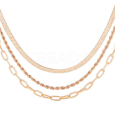 3Pcs 3 Styles Brass Chain Stackable Nacklaces Set NJEW-BBC0001-30-1