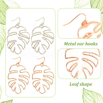 4 Pairs 2 Colors Alloy Hollow Out Monstera Leaf Dangle Earrings for Women EJEW-AN0001-18-1