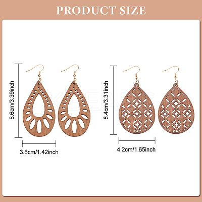 2 Pairs 2 Style Natural Wood Hollow Out Teardrop Dangle Earrings EJEW-AN0001-54-1