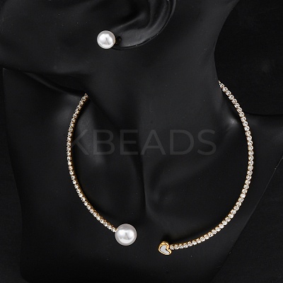 Round Plastic Imitation Pearl Stud Earrings & Rhinestone Cuff Choker Necklaces Sets SJEW-U003-11G-1