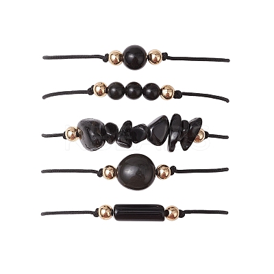 5Pcs 5 Styles Natural Obsidian Braided Bead Bracelets BJEW-JB11681-01-1