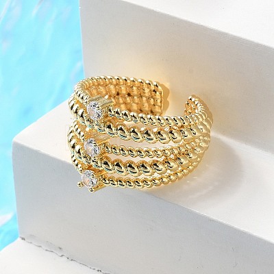 Rack Plating Real 18K Gold Plated Brass Multi Lines Open Cuff Rings RJEW-B048-08G-1