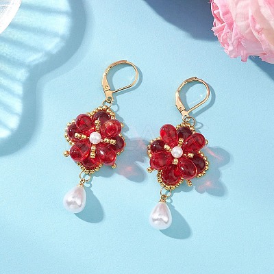 Flower with Teardrop Glass Beads Dangle Earrings EJEW-MZ00670-1