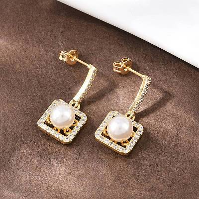Square Brass Micro Pave Clear Cubic Zirconia Dangle Stud Earrings EJEW-C172-05G-1