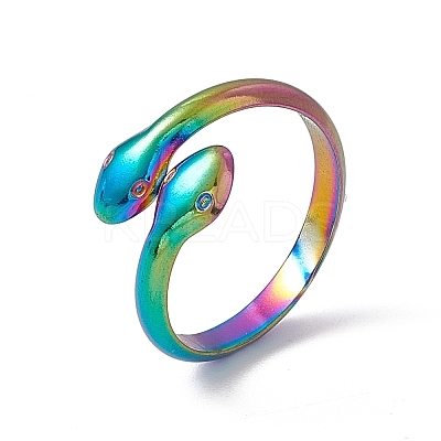 Ion Plating(IP) 304 Stainless Steel Double Snake Open Cuff Ring for Women RJEW-C045-14M-1