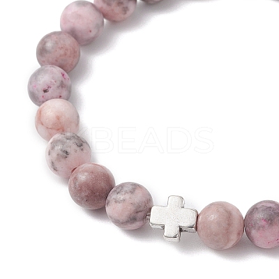 Natural Pink Zebra Jasper Round Beads Bracelets BJEW-JB12435-1