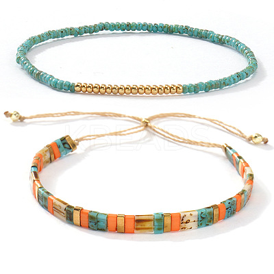 2Pcs 2 Styles Bohemian Glass Seed Bead Stretch & Slider Bracelet Set for Women VC8065-4-1