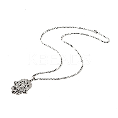 201 Stainless Steel Hollow Religion Hamsa Hand Pendant Necklaces NJEW-M086-01P-1