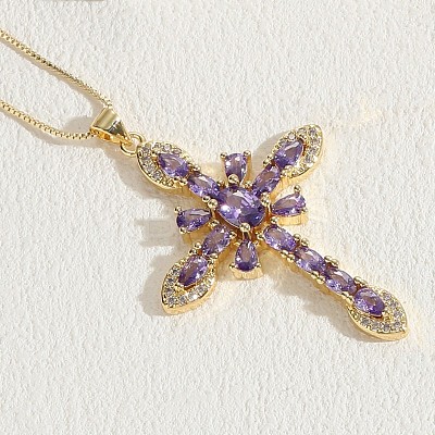 Cross Brass Micro Pave Cubic Zirconia Pendant Necklaces FS-WG6E3F1-07-1