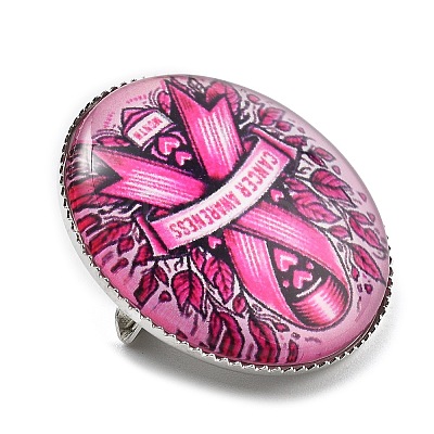 Breast Cancer Awareness Ribbon Glass Brooches JEWB-L019-01J-1