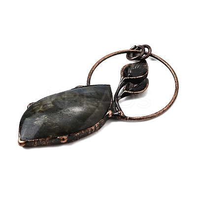 Natural Labradorite Feather Ring with Leaf Big Pendants G-Q350-04A-1