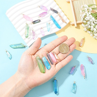 24Pcs 8 Styles Electroplated Natural Quartz Crystal Pendants PALLOY-YW00122-1