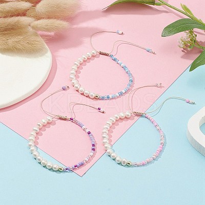 3Pcs 3 Color Glass Seed & Natural Pearl Braided Bead Bracelets Set BJEW-JB09572-1
