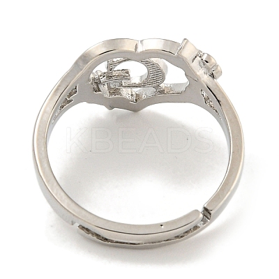 Heart with Letter & Flower Rack Plating Brass Adjustable Rings for Women RJEW-I105-05P-G-1
