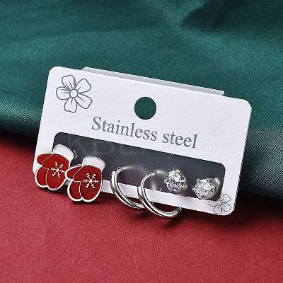 3 Pairs 3 Styles Christmas 304 Stainless Steel Hoop & Stud Earring Sets for Women EJEW-K279-16P-02-1