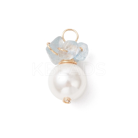 Natural Aquamarine Chip with Copper Wire Wrapped Shell Pearl Pendants PALLOY-JF04951-02-1