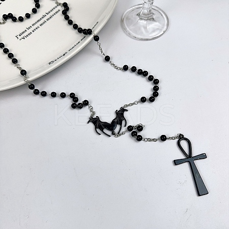 Alloy and Iron Ankh Cross Heart with Bat Wings Pendant Black Round Acrylic Rosary Bead Necklaces LS-NJEW-D335-01BP-1