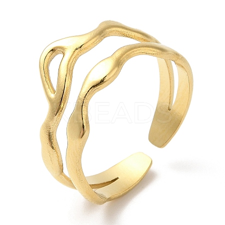 304 Stainless Steel Hollow Wave Open Cuff Ring for Women X-RJEW-I098-03G-1