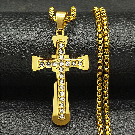 201 Stainless Steel Crystal Rhinestone Religion Cross Pendant Necklaces LS-NJEW-H065-08G-1