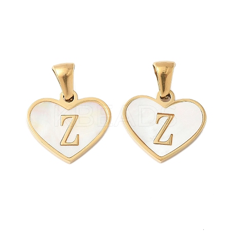 304 Stainless Steel Pave Natural White Shell Heart with Initial Slice Pendants STAS-R168-25G-Z-1