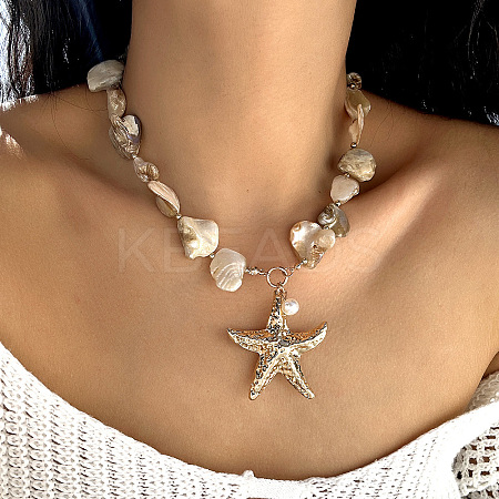 Alloy & Plastic Pearl & Natural Shell Pendant Necklaces FS-WG9F39A-04-1